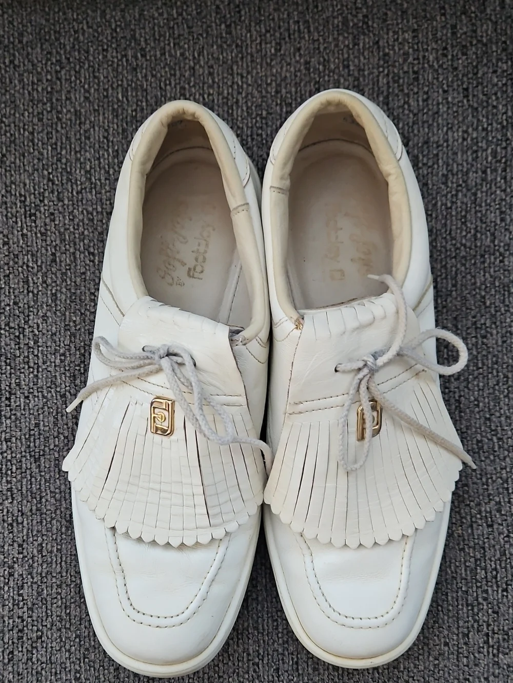 FootJoy White Leather Kiltie Lace-Up Loafers with Gold Accent